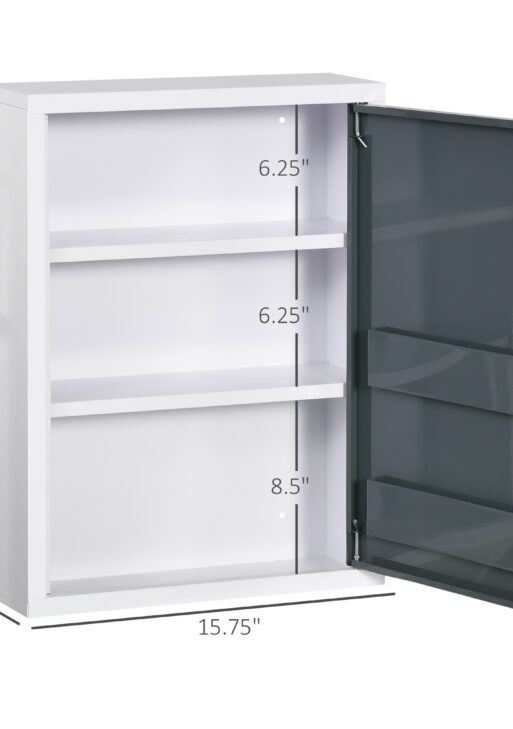 Bathroom Medicine Cabinet with Shelves Inside & On Door, Locking Medical Cabinet for Child & Pet Safety, First Aid Bathroom Wall Cabinet, White and Gray