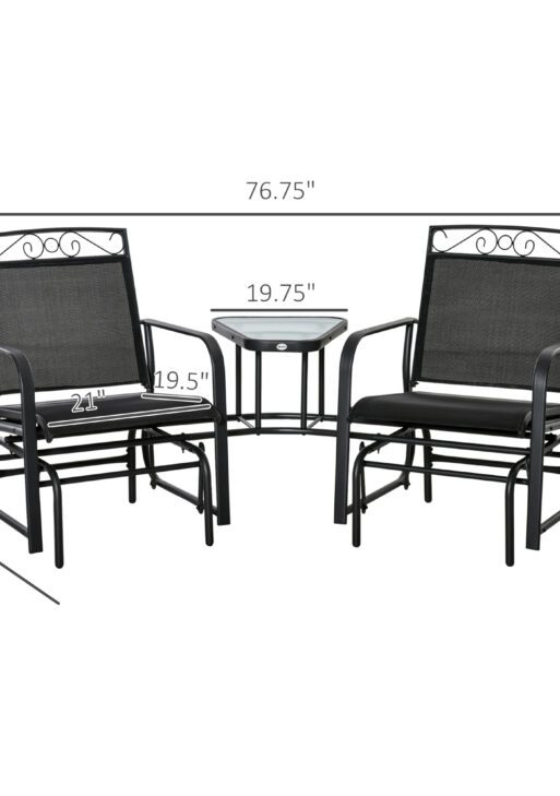 Outdoor Glider Chairs with Coffee Table, Patio 2-Seat Rocking Chair Swing with Breathable Sling for Backyard, Black