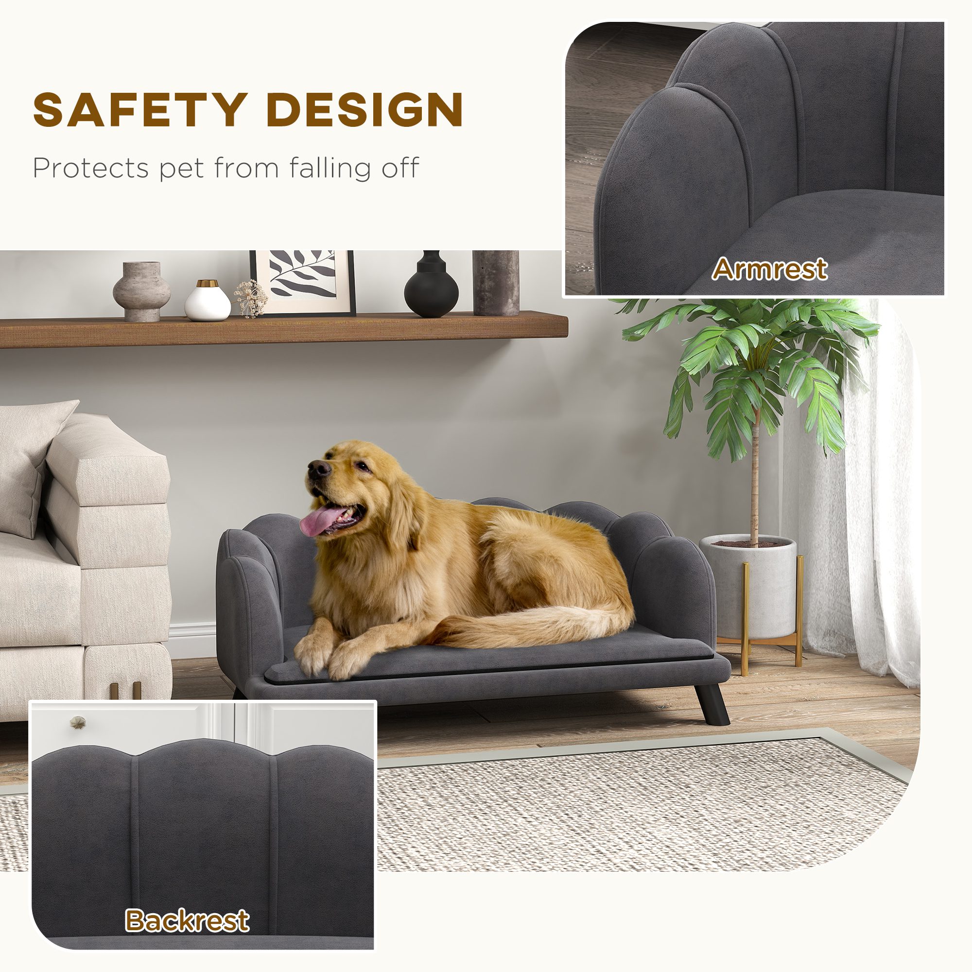 Pearl Design Pet Sofa for Medium and Large Sized Dogs, Pet Bed with Cushion and Solid Wood Legs, Charcoal Gray - Image 3