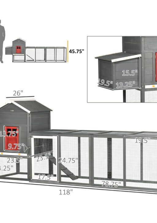 118" Extra Large Chicken Coop with Asphalt Roof, Wooden Hen Run with Slide-Out Tray and Nesting Box, Chicken Hutch for 3-6 Chickens, Gray