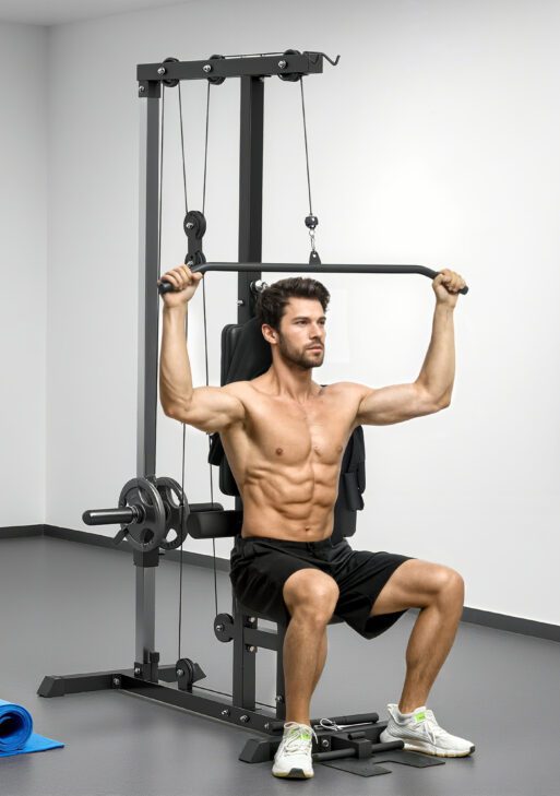 Lat Pull Down Machine, High / Low Pulley Machine with Adjustable Seat and Flip-Up Footplate, Black