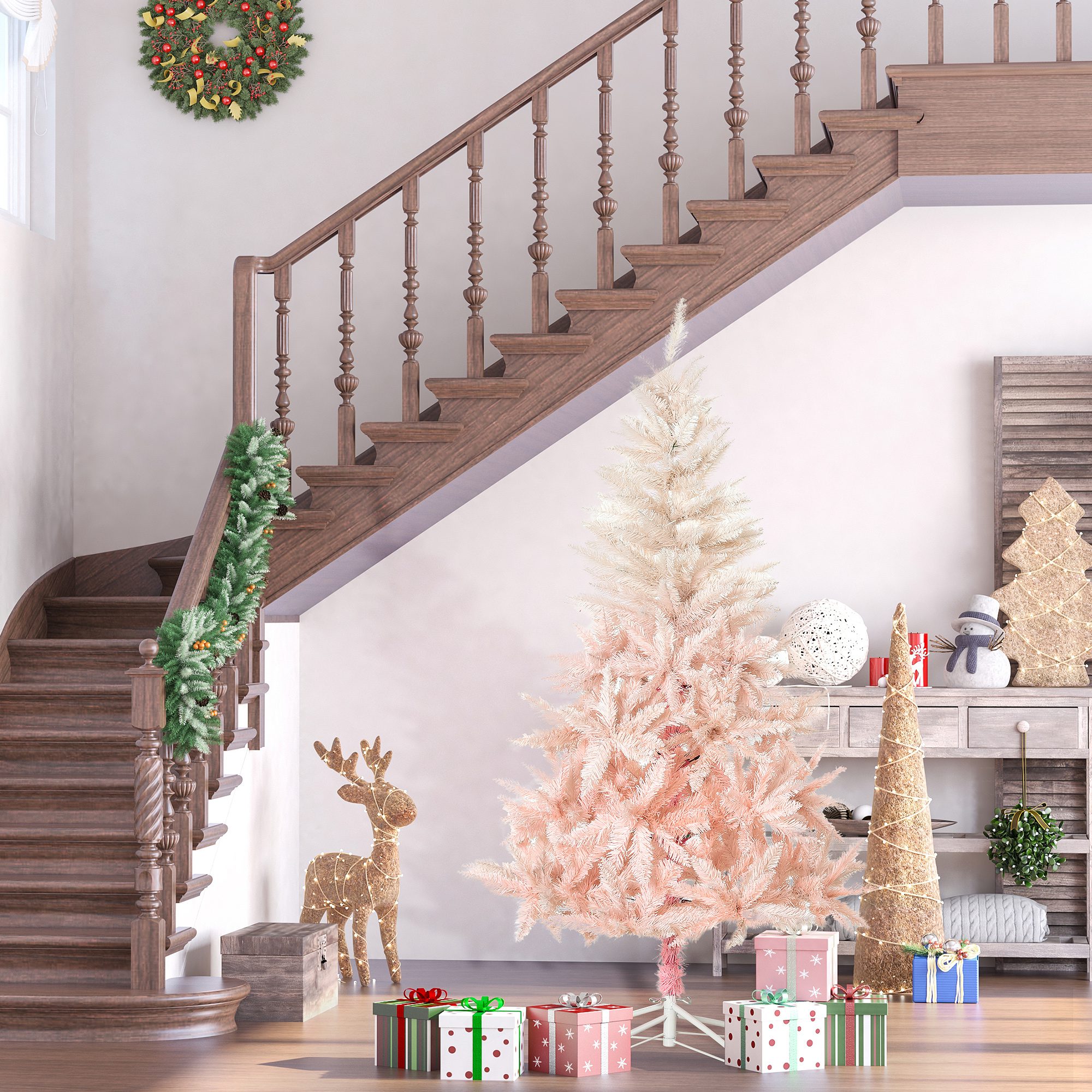 7ft Unlit Spruce Artificial Christmas Tree with Realistic Branches and 1000 Tips, Pink