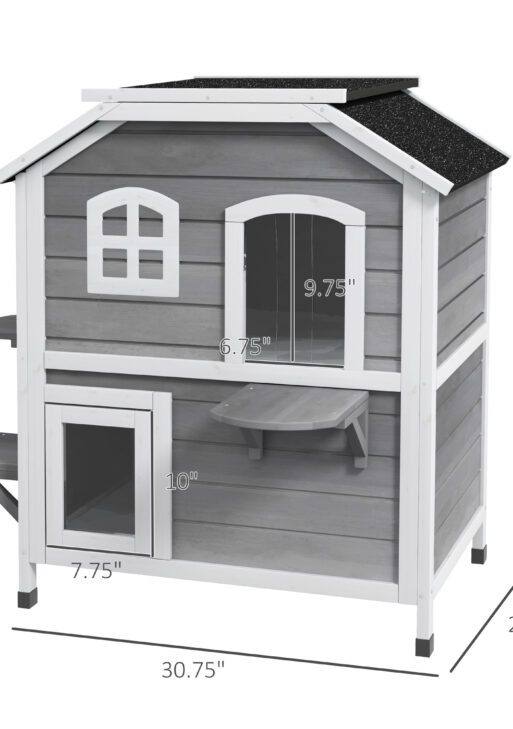 2-story Cat House Outdoor, Weatherproof Wooden Cat Enclosure for Feral Cats with Escape Door, Openable Roof, Jumping Platforms, Gray