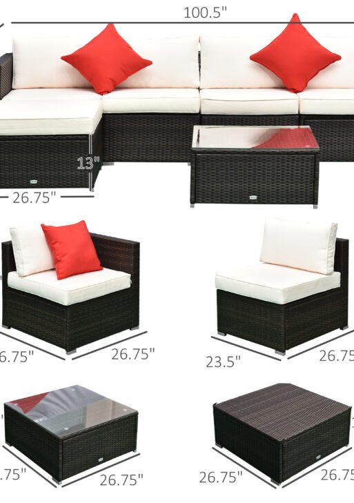 6 Piece Patio Furniture Set Outdoor Wicker Conversation Set All Weather PE Rattan Sectional Sofa Set with Ottoman, Cushions and Tempered Glass Table, Mixed Brown and Cream White