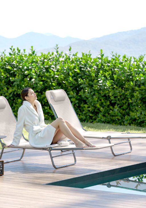 2 Piece Sun Loungers, Folding Chaise Lounge Chairs with Reclining Back, Breathable Mesh Seat, Headrest, Cream White