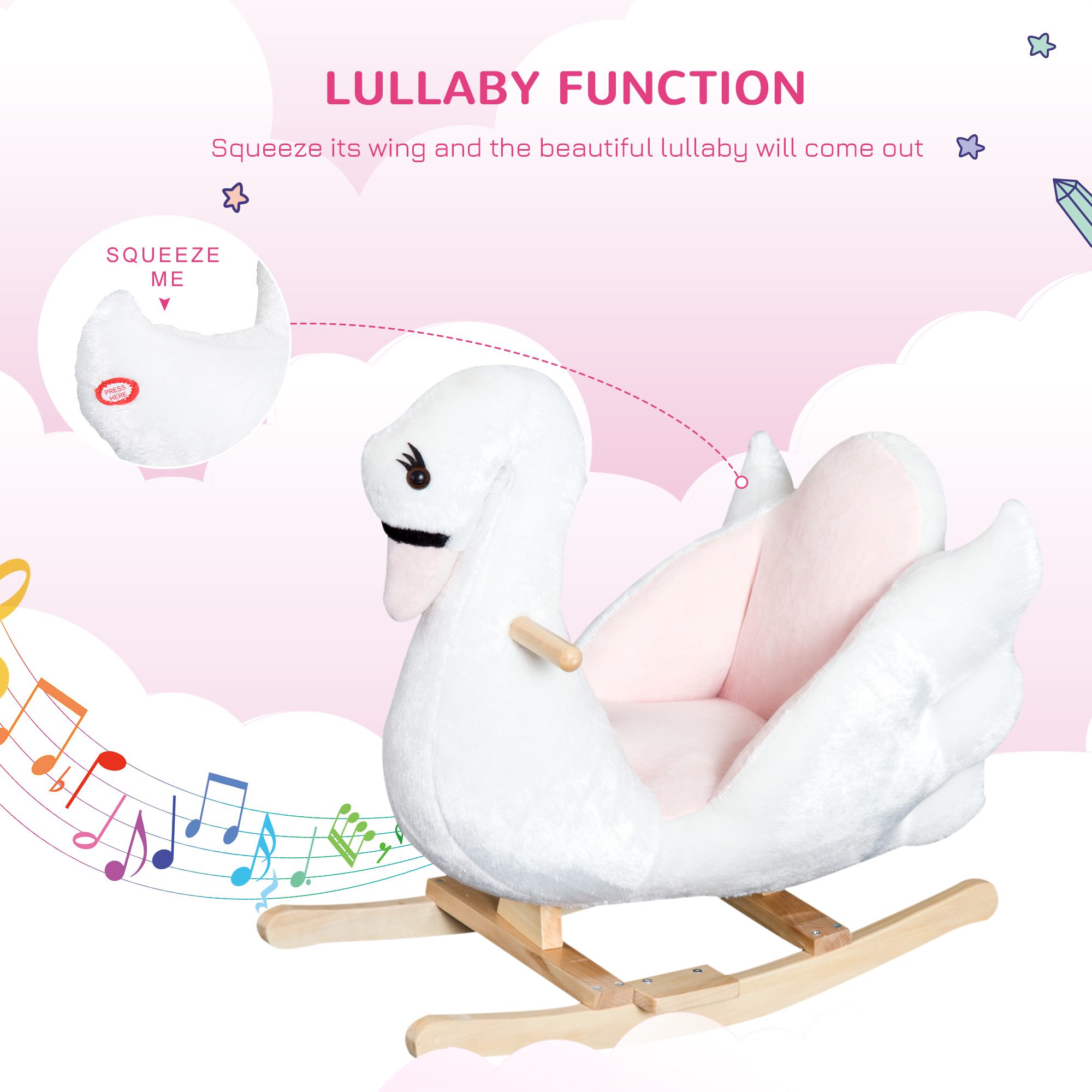 Kids Ride On Rocking Horse Plush Swan Style Toy with Music for Over 18 Months Children, White and Pink - Image 2