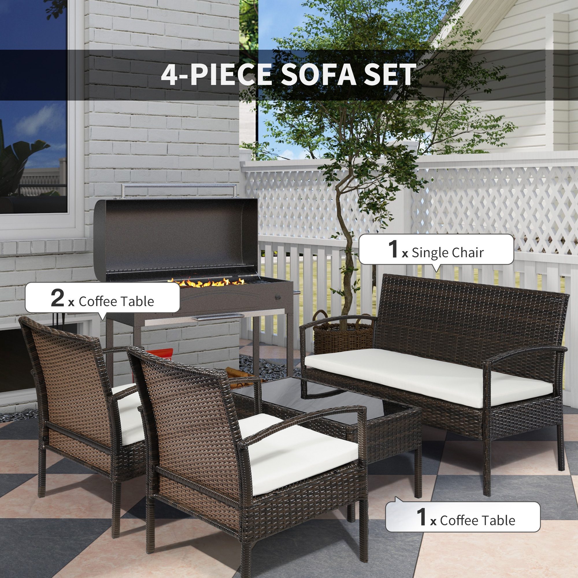 Patio Furniture Set, 4 Piece Indoor Outdoor PE Wicker Conversation Set with Chairs, Loveseat Sofa, Cushions, Glass Table for Backyard, Sunroom, Pool, Garden, Brown - Image 3