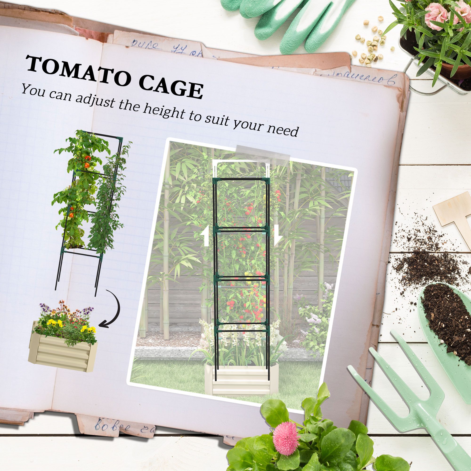 Galvanized Planter Box, 24" x 24" x 73.5" Raised Garden Bed with Tomato Cage for Climbing Vines, Cream - Image 2