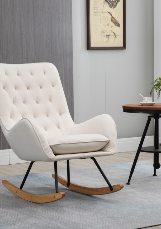 Mid-Century Fabric Rocking Chair Sofa Armchair Tufted Rocker Wingback Accent Chair with Padded Seat, Rubber Wood Base for Home Studio, Bedroom, Living Room, Cream White