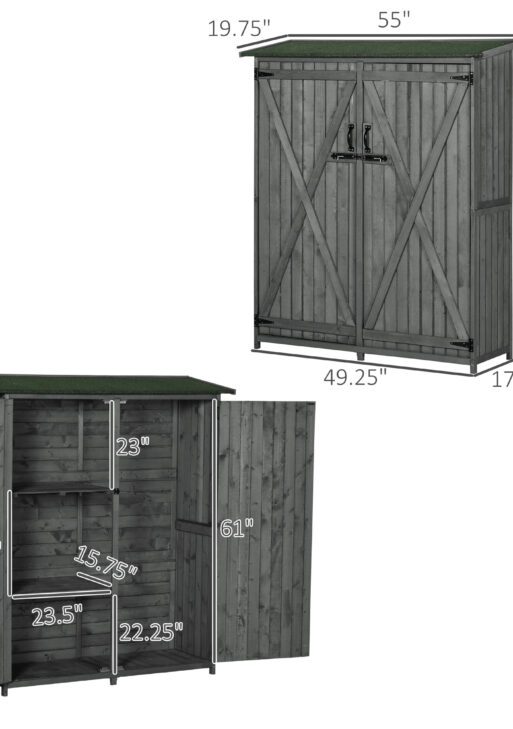 Outdoor Storage Cabinet Wooden Garden Shed Utility Tool Organizer with Waterproof Asphalt Rood, Lockable Doors, 3 Tier Shelves for Lawn, Backyard, Gray