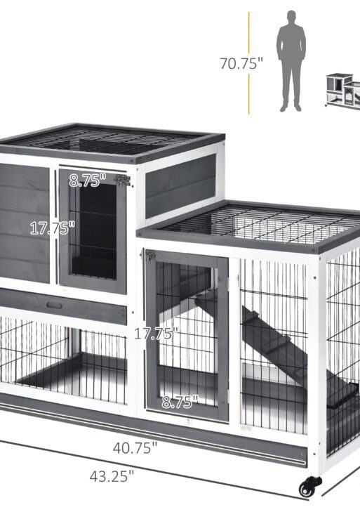 Wooden Rabbit Hutch Elevated Bunny Cage Indoor Small Animal Habitat with Enclosed Run with Wheels, Ramp, Removable Tray for Rabbits, Chickens, Ducks, Guinea Pigs, Gray