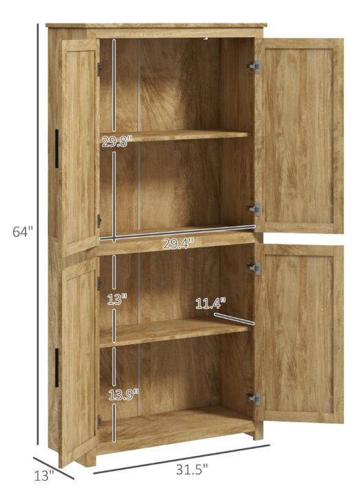 64" Kitchen Pantry, Tall Storage Cabinet with 4 Rattan Doors, 4 Tier Shelves and Adjustable Shelf, Natural