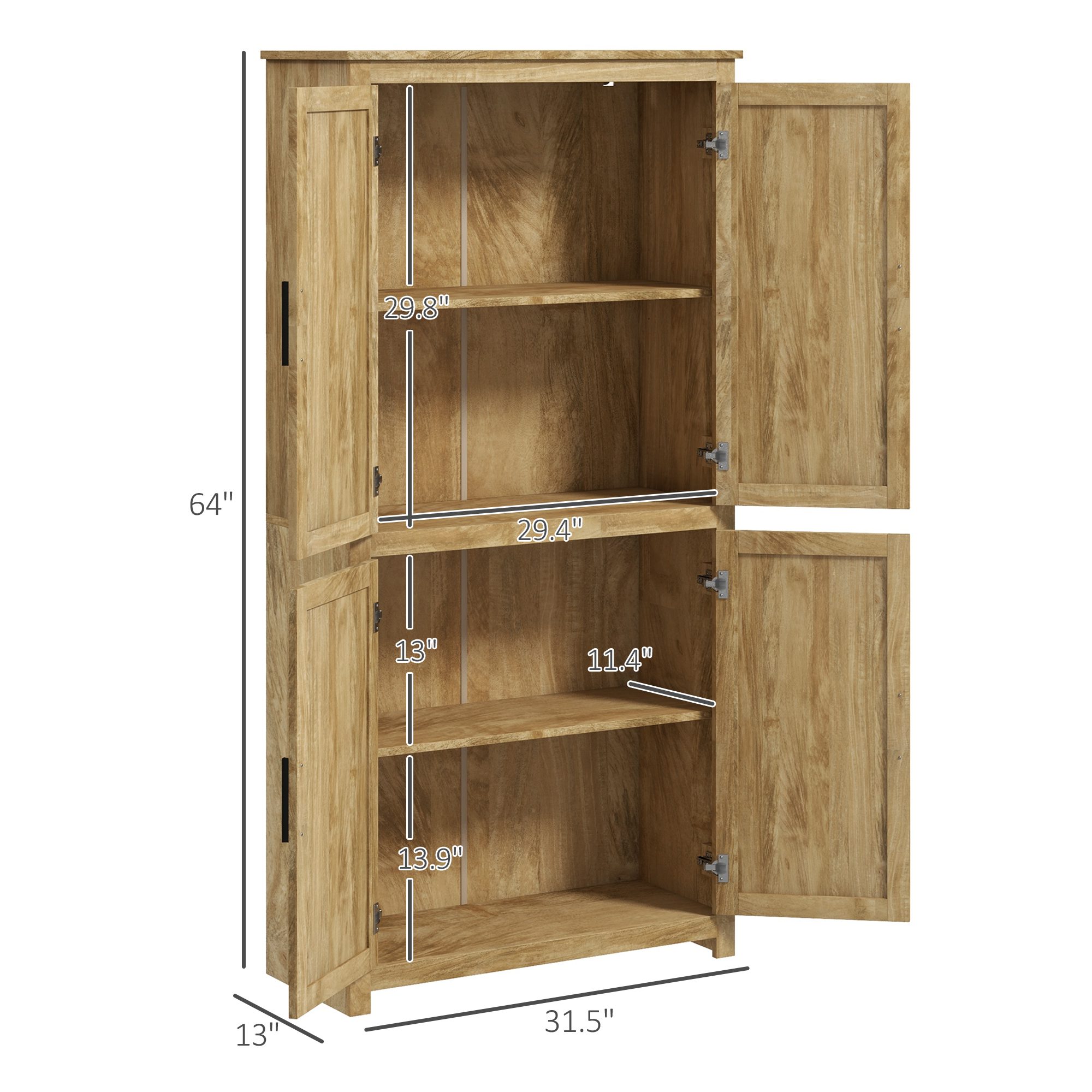 64" Kitchen Pantry, Tall Storage Cabinet with 4 Rattan Doors, 4 Tier Shelves and Adjustable Shelf, Natural - Image 1