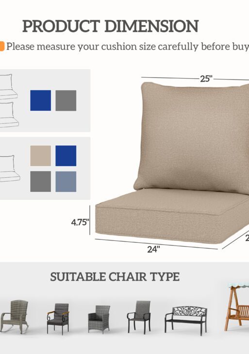 4 Patio Chair Cushions with Seat & Backrest, Fade Resistant Seat Replacement Cushion Set, Beige