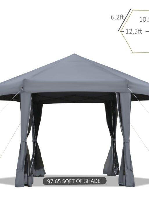 13' x 11' Hexagonal Pop Up Gazebo, Heavy Duty Outdoor Canopy Tent with 6 Mesh Sidewall Netting, 3-Level Adjustable Height and Strong Steel Frame, Gray