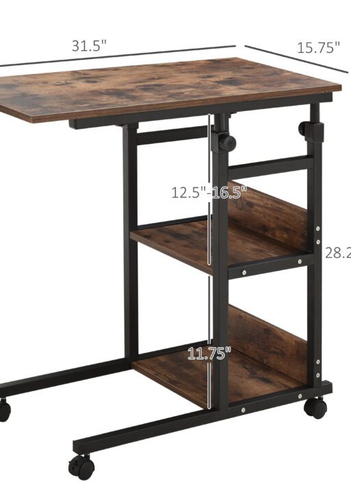 Industrial C-Shaped Mobile Rolling Sofa Side Table with 3-Tier Storage Shelving, Adjustable Height, & Wheels