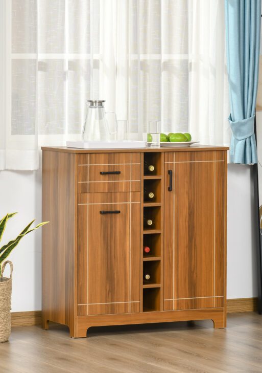 Retro Wine Cabinet for 6 Bottles, Wine Rack Sideboard Serving Bar with Glass Holders and 1 Drawer, Brown