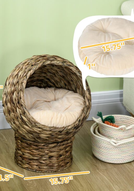 Handwoven Elevated Cat Bed with Soft Cushion & Egg Chair Shape, Basket Bed Kitty House with Stand, Raised Wicker House for Indoor Cats, 20" H, Gray