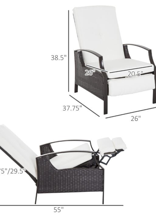 Outdoor Recliner Chair, Reclining Patio Lounge Chair with Comfy Cushions, Footrest, Armrests, PE Wicker for Balcony, Porch, Dark Brown, Cream White