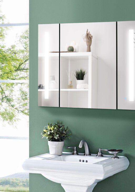 LED Lighted Medicine Cabinet with Mirror, 35.5"W x 25.5"H Wall Mounted Bathroom Cabinet with 3 Cupboards, Memory Function, USB Charge, High Gloss Black