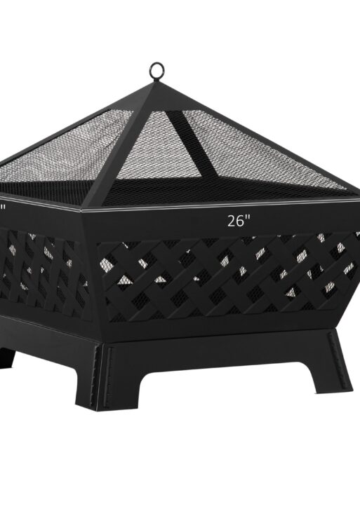 26 Inch Outdoor Fire Pits, Bonfire Wood Burning Firepit Bowl, Camping Fire Pit with Spark Screen Cover, Poker for Patio, or Backyard, Black