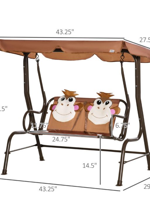 Porch Swing for Kids with Adjustable Canopy to Block Sun at Angles, Kids Swing Chair with Seatbelts, Monkey Pattern, Gift for Kids Ages 3-6, Coffee