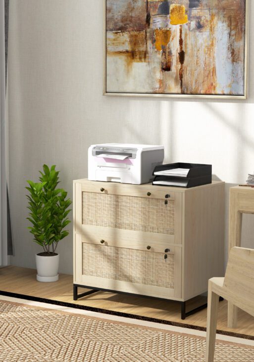 Lockable Filing Cabinet, Boho 2 Drawer File Cabinet with Adjustable Hanging Bar for Letter, A4 and Legal Size, Natural