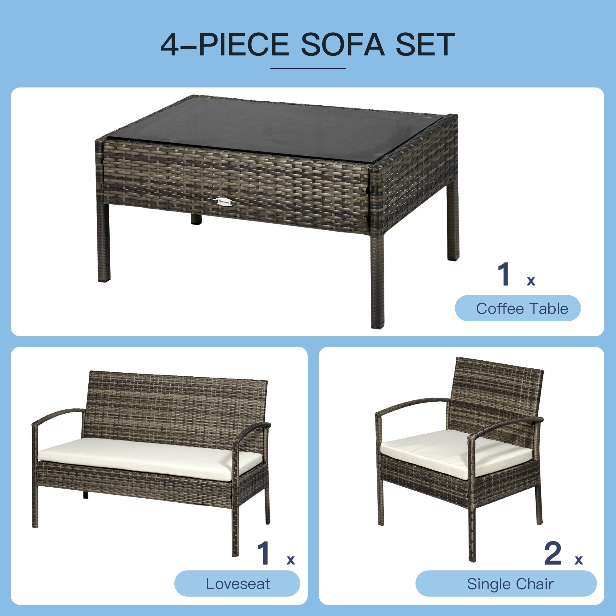 Patio Furniture Set, 4 Piece Indoor Outdoor PE Wicker Conversation Set with Chairs, Loveseat Sofa, Cushions, Glass Table for Backyard, Sunroom, Pool, Garden, Light Gray - Image 2