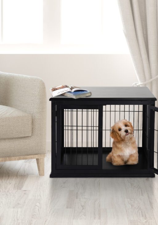 Dog Crate Furniture, 32" Small Dog Cage End Table with 2 Doors, Lockable Door, Puppy Kennel Indoor, Black