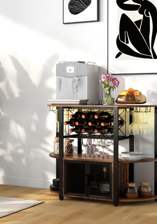 Wine Bar Cabinet with Charging Station, LED Lighted Liquor Cabinet with Wine Racks and Glass Holders, Rustic Brown