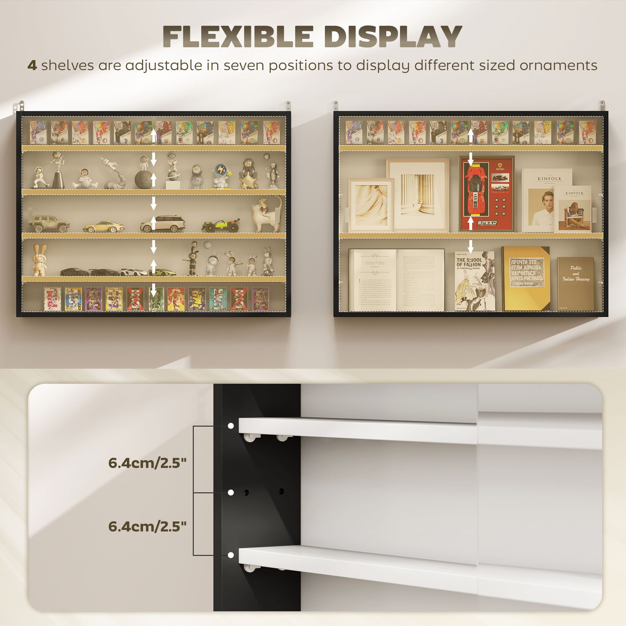 5-Tier Display Cabinet, Wall-Mounted Display Case with 2 Glass Doors and Adjustable Shelves, Black - Image 2