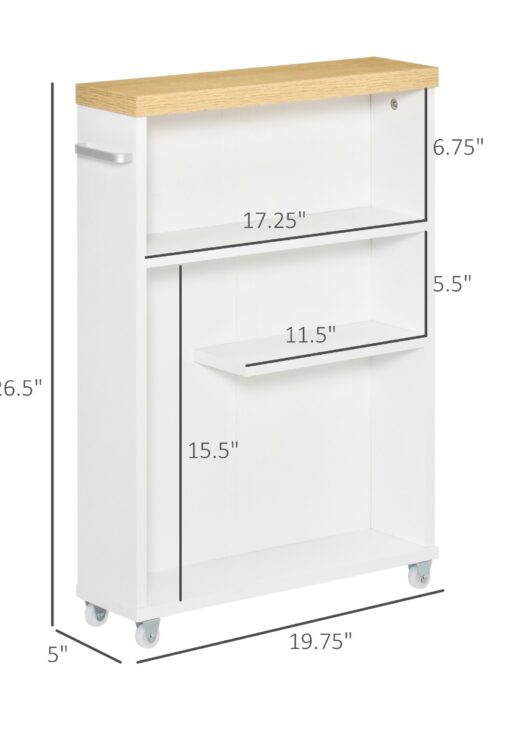 Slim Bathroom Cabinet with Castor Wheels Storage Organizer and Wood Shelves To Fit In Small Spaces, White