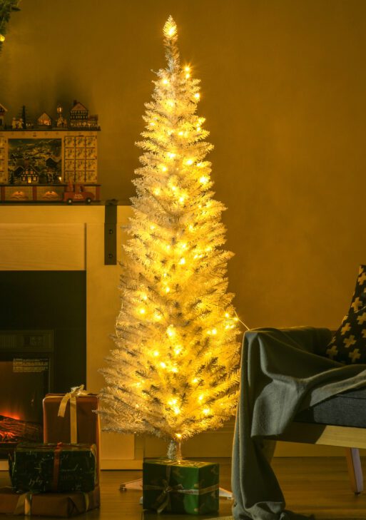 5ft Pencil Christmas Tree, Slim Artificial Christmas Tree with Realistic Branches and Warm White LED Lights, White