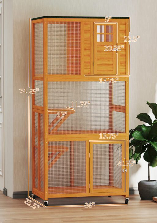 74" Wooden Outdoor Cat House Catio Outdoor Cat Enclosure, Orange