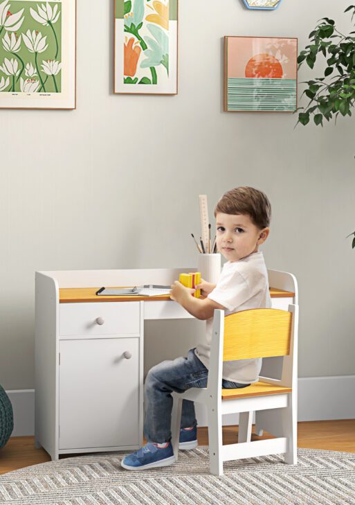 Kids Desk and Chair Set with Storage, Study Desk with Chair, White