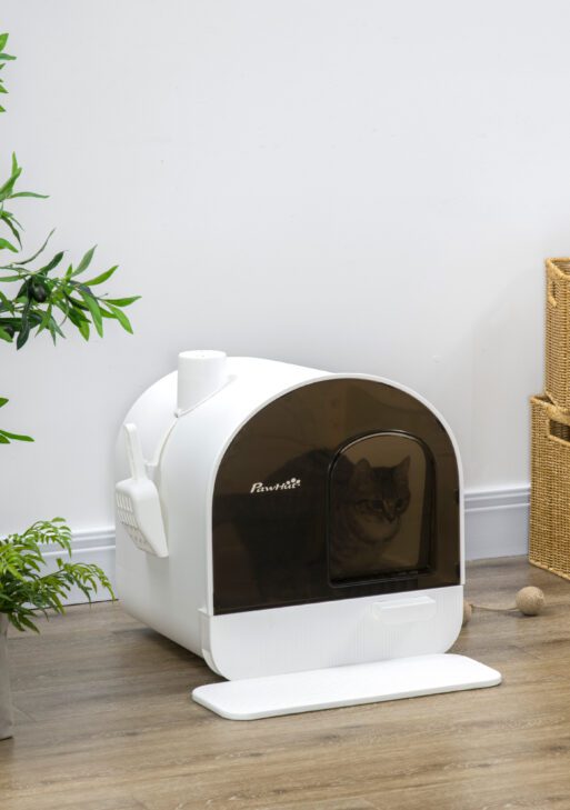 Cat Litter Box with Lid with Scoop and Filter, White