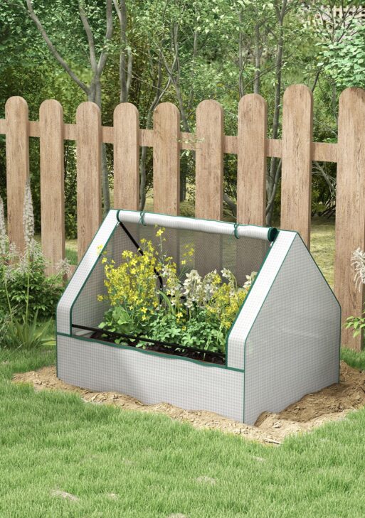 Raised Garden Bed, Outdoor Metal Planter Box with Mini Greenhouse, White and Brown
