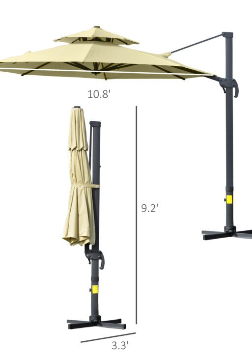 11ft Cantilever Patio Umbrella with Base, Double Top Hanging Aluminum Offset Umbrella with 360° Rotation, Easy Tilt, 8 Ribs, Crank, Cross Base for Backyard, Beige