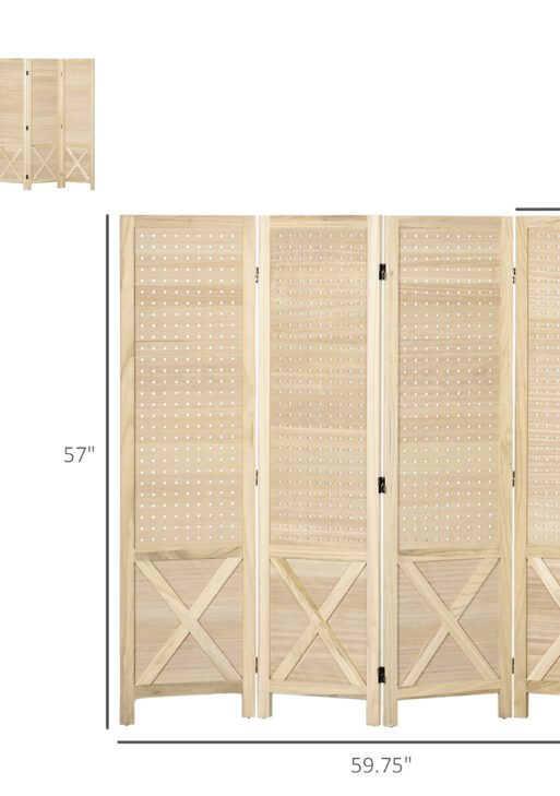 4.7' 4 Panel Wooden Room Divider with Pegboard Display, Folding Privacy Screen for Home Office, Natural