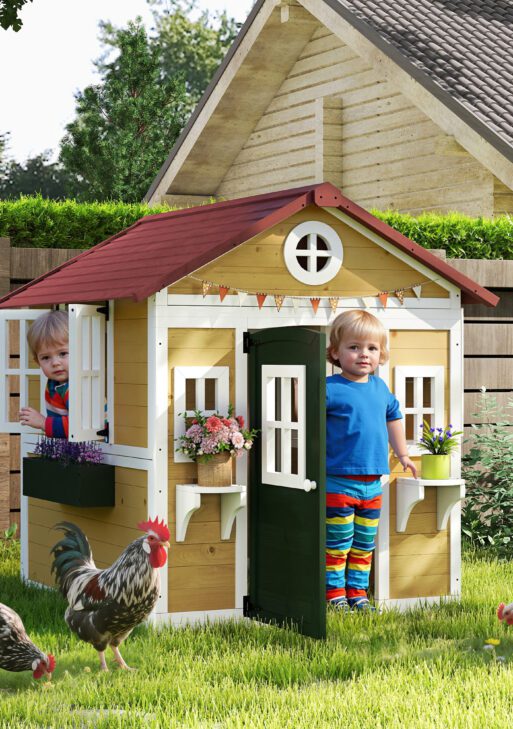 Wooden Playhouse for Kids Outdoor with Doors, Windows, Planter Pots and Boxes for Toddlers 3-8 Years, Beige