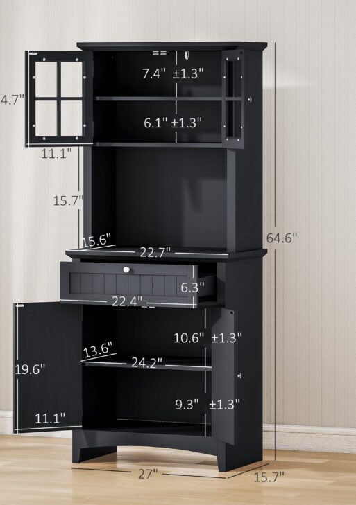 Elegant Buffet with Hutch, Kitchen Pantry Storage Cabinet with Framed Glass Door Drawer and Microwave Space, Black