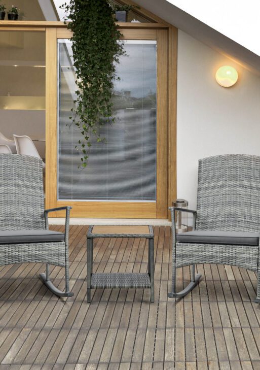3 Piece Outdoor PE Rattan Rocking Chair Set, Patio Wicker Recliner Rocker Chair with Soft Cushion & Nature Wood Top Coffee Table, Gray