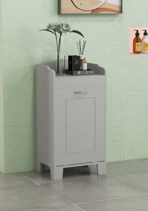 Tilt-out Laundry Storage Cabinet with Tabletop and Compartment Hamper, Gray