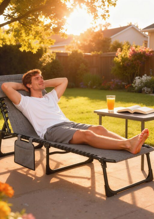 Chaise Lounge Chair Outdoor, 5-Position Adjustable Sun Tanning Chair with Carrying Handle and Side Pocket, Folding Bed Cot with Removable Pillow for Garden, Beach, Patio, Pool, Camp, Gray