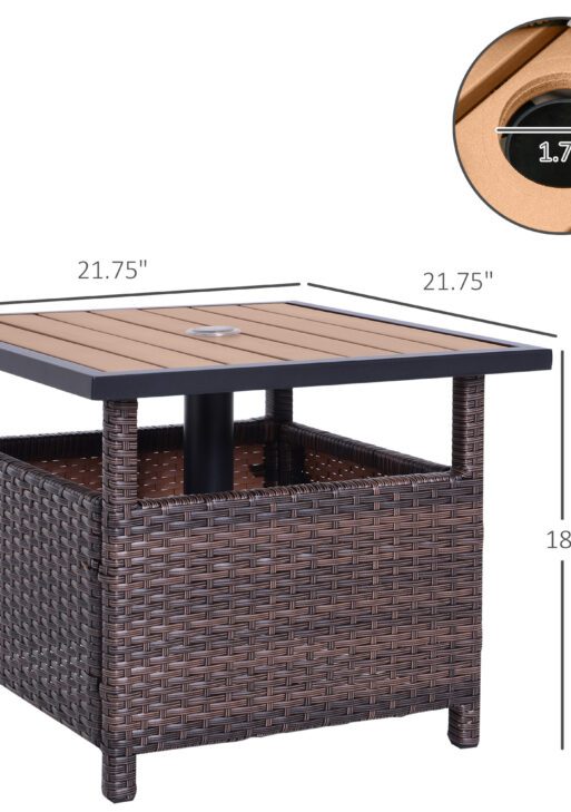 22" Outdoor Side Table with Umbrella Hole, Rattan Wicker End Table with Sand Bag and Steel Frame for Outdoor, Patio, Garden, Backyard, Brown & Light Yellow