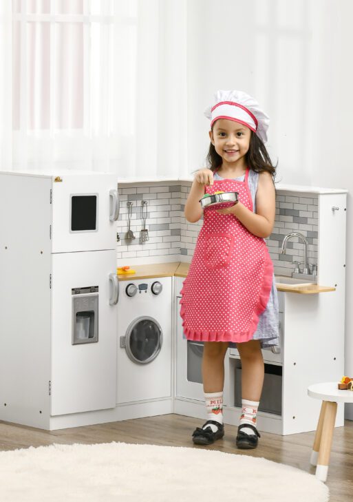 Corner Play Kitchen Set with Sound Effects and Tons of Countertop Space, Large Wooden Kitchen with Washing Machine, Food Toys, Ice Maker, Kids Kitchen, Ages 3-6, White