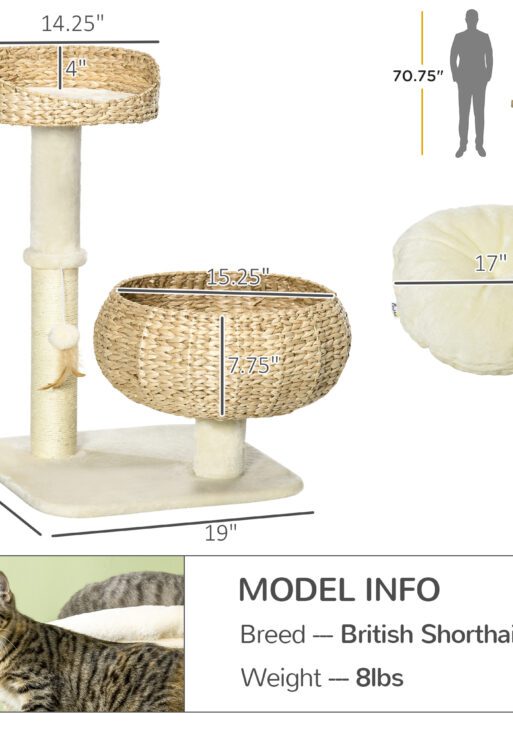28" Elevated Cat Bed with Sisal Scratching Post for Indoor Kitties, Modern Cat Tree with Cute Basket Design, Small Cat Tree with Fun Ball Toy