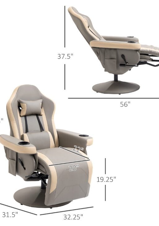 Manual Recliner Armchair PU Leather Lounge Chair w/ Adjustable Leg Rest, 135° Reclining Function, 360° Swivel, Cup Holder and, Storage Pocket