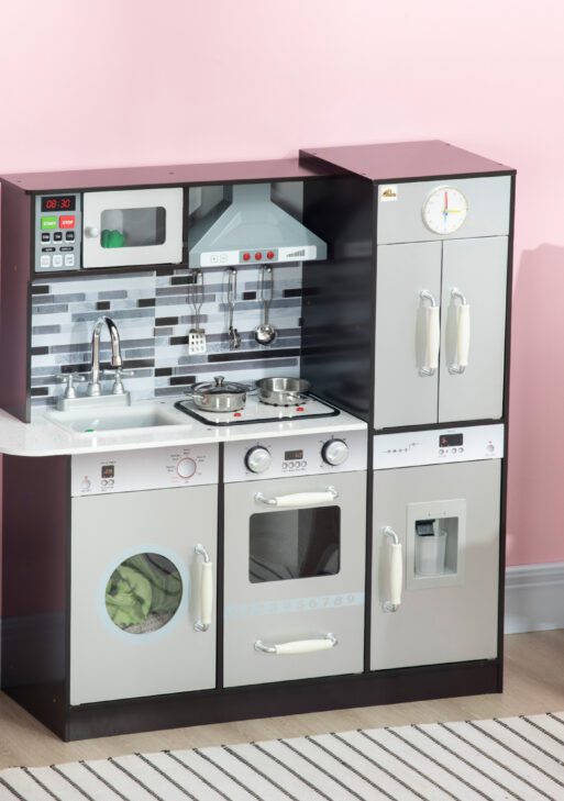 Wooden Play Kitchen with Lights Sounds, Kids Kitchen Playset with Washing Machine, Water Dispenser, Microwave, Range Hood, Refrigerator, Utensils, Gift for 3-6 Years Old