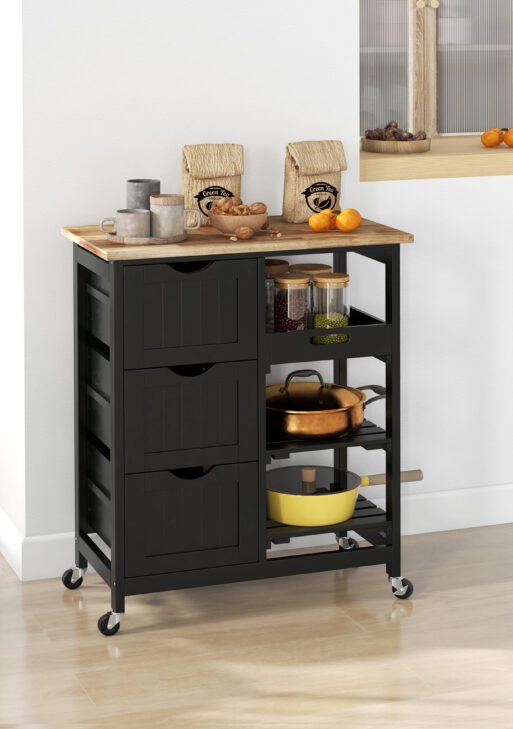 Rolling Kitchen Cart, Kitchen Island with Wood Top, Shelves & Drawers for Dining Area, Black